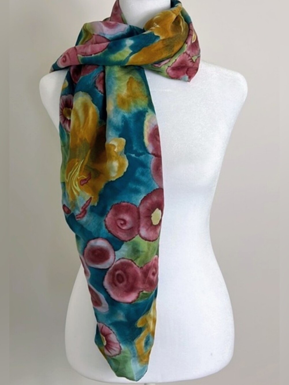 100% Silk Chiffon Square Scarf Vintage Korean Watercolor Floral Teal Pink Gold